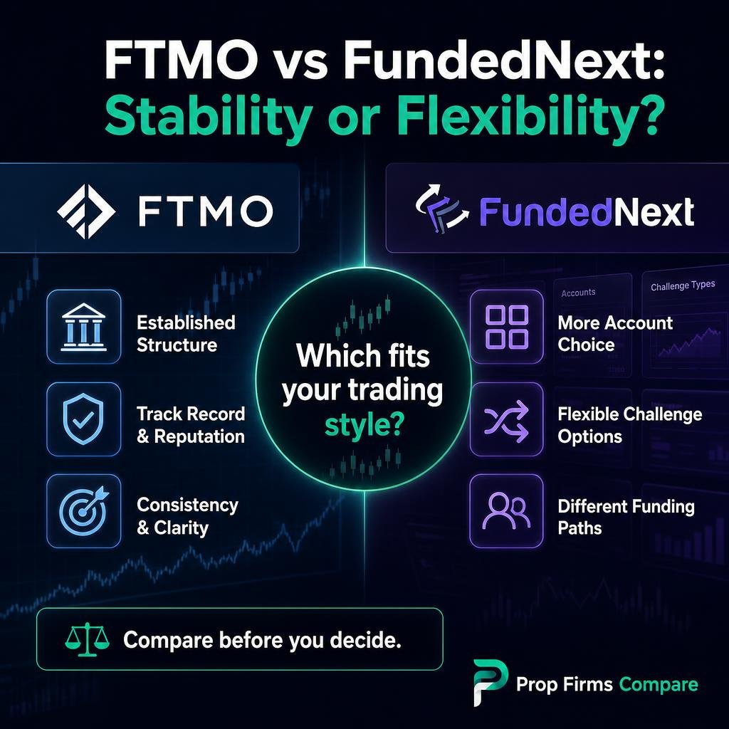 Social media graphic about FTMO or FundedNext: stability versus flexibility