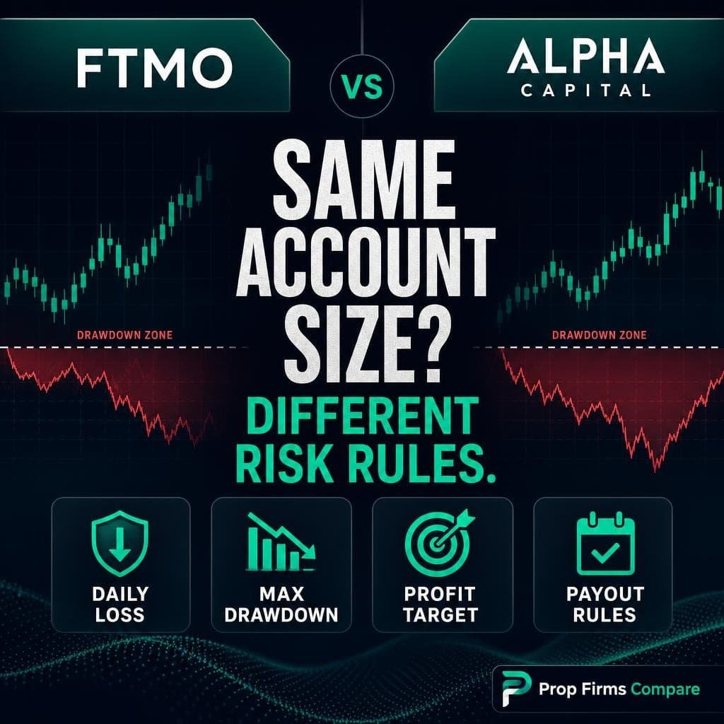Social media graphic about FTMO vs Alpha Capital: compare evaluation models