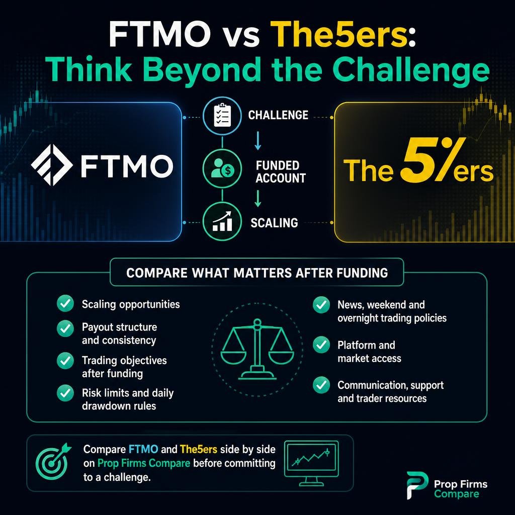 Social graphic: FTMO vs The5ers for long-term traders Social media graphic about FTMO vs The5ers for long-term traders